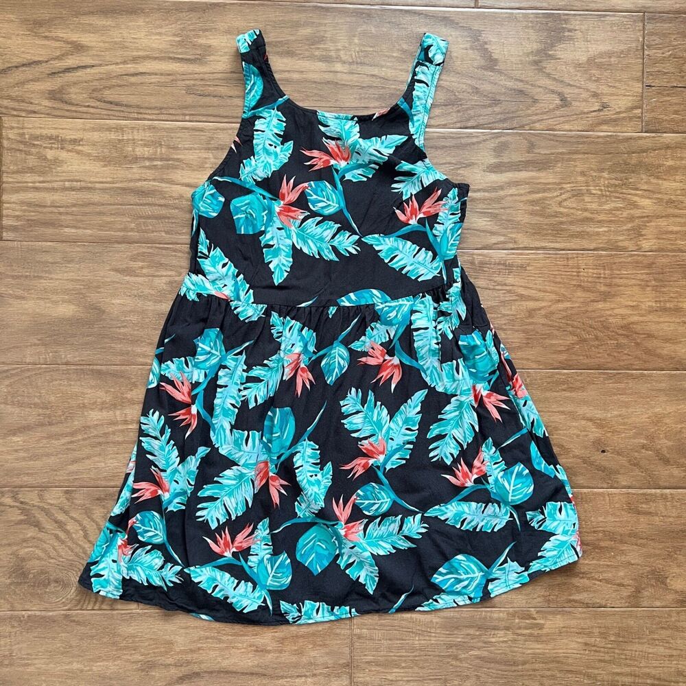 Roxy Rising Sun Dress Size XS Black/Green Palm Leaf Floral Print